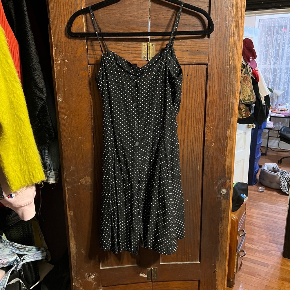 90s Vintage Black and White Polka Dot Mini Sundress XS